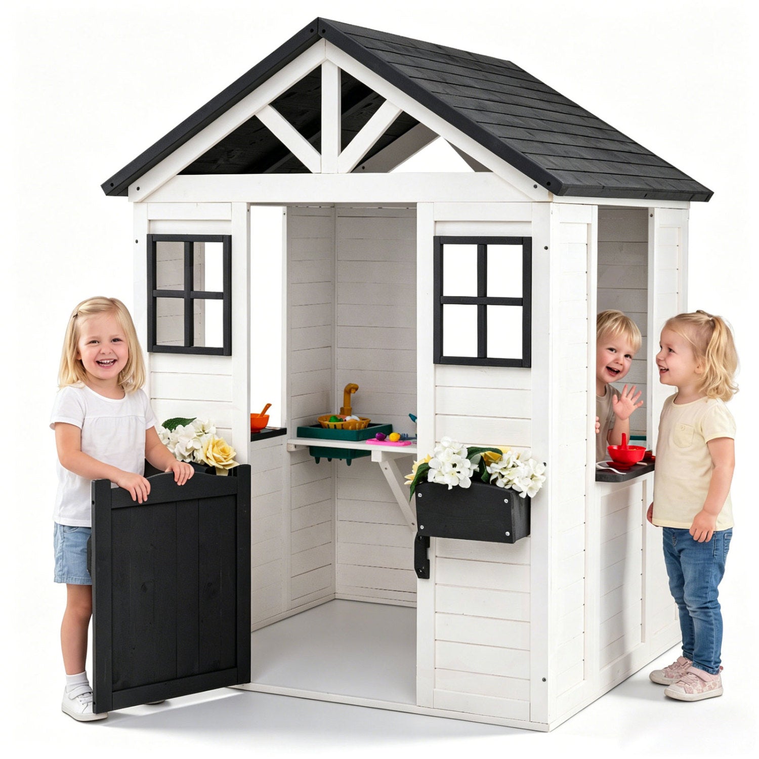 Kids Outdoor Playhouse with Sink, Wooden Cottage, White Play Tents & Playhouse at Gallery Canada