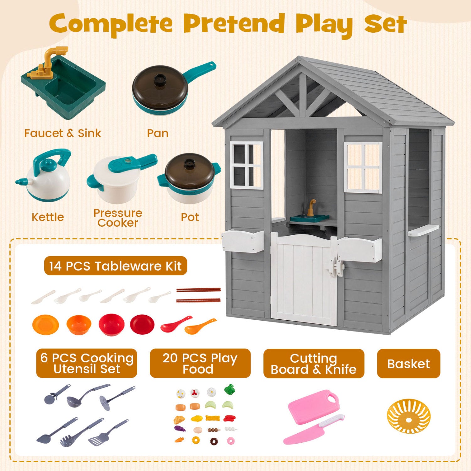 Kids Outdoor Playhouse with Sink, Gray Spruce Wooden Play Tents & Playhouse at Gallery Canada