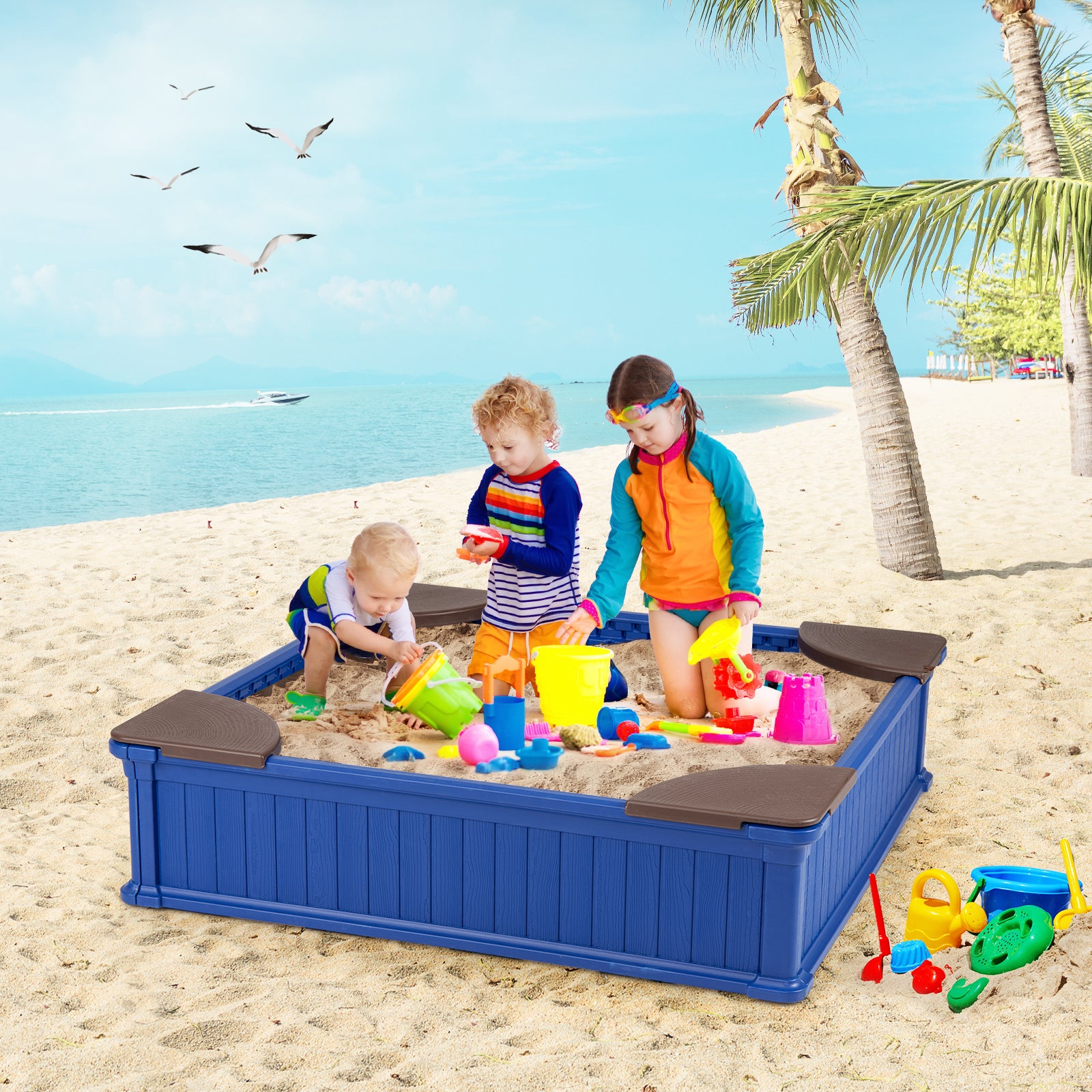 Kids Outdoor Sandbox with Oxford Cover and 4 Corner Seats, Navy Sandboxes at Gallery Canada