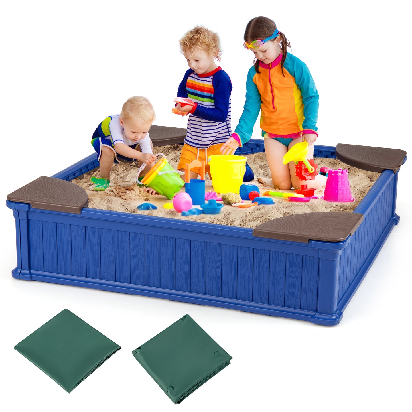 Kids Outdoor Sandbox with Oxford Cover and 4 Corner Seats, Navy Sandboxes Navy at Gallery Canada