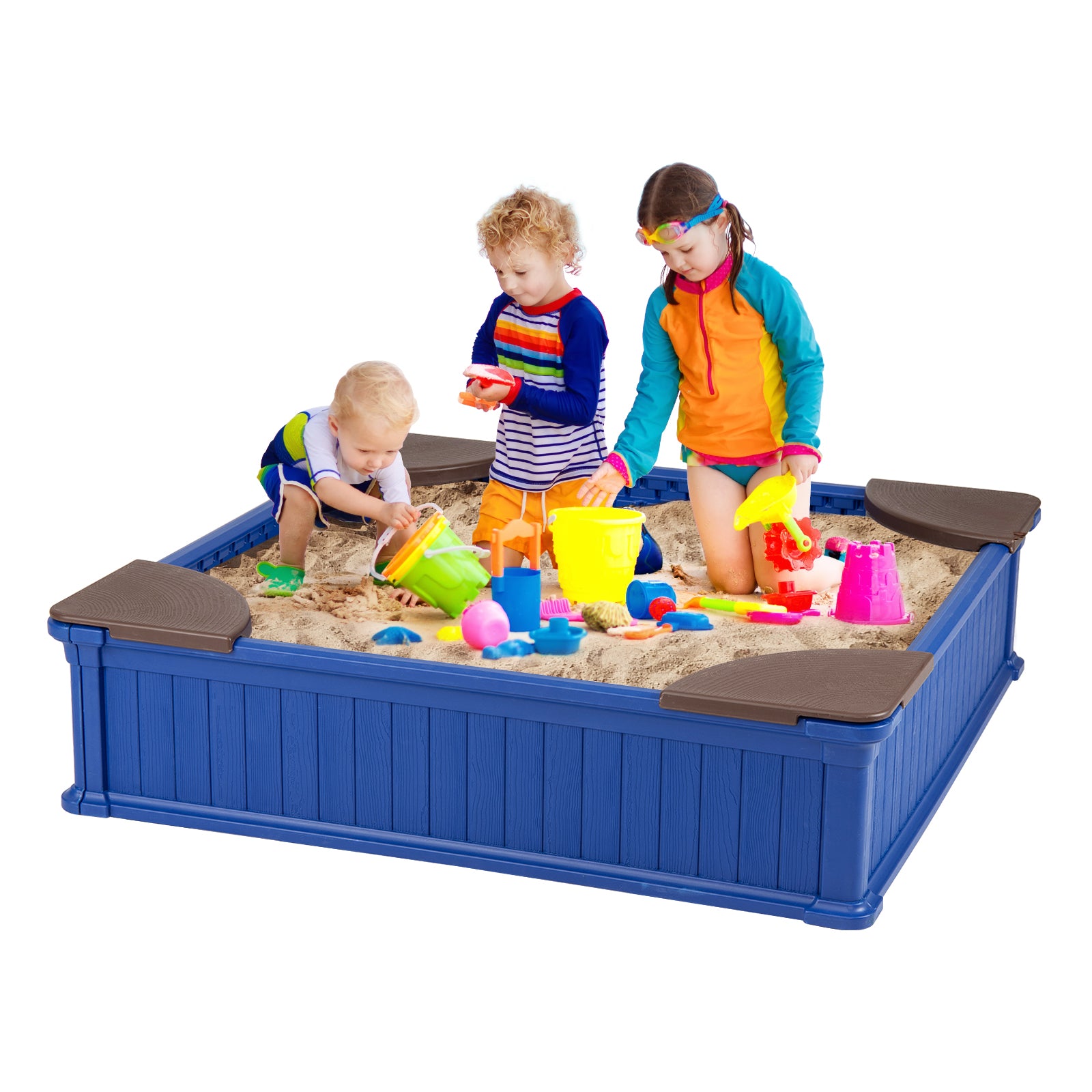 Kids Outdoor Sandbox with Oxford Cover and 4 Corner Seats, Navy Sandboxes at Gallery Canada