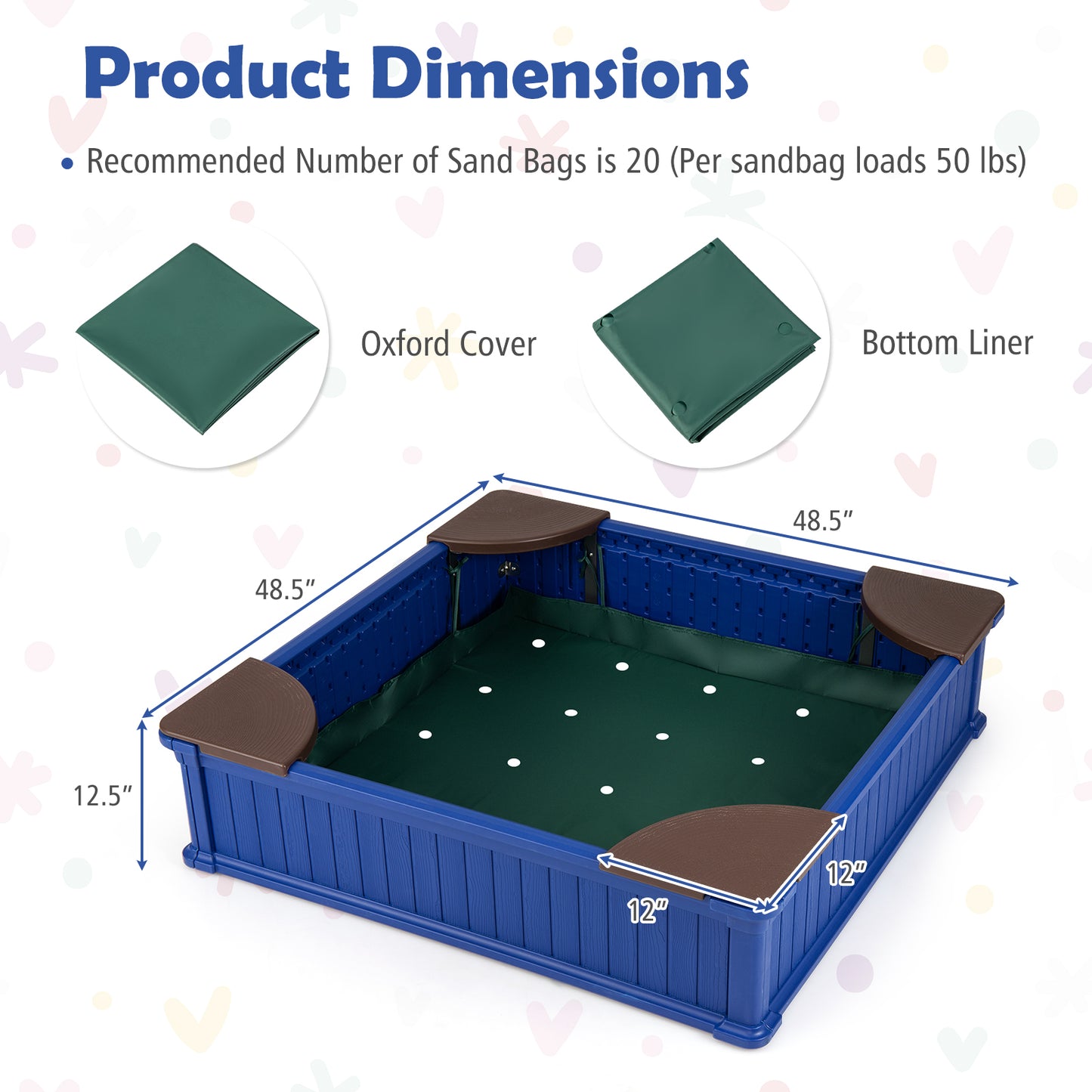 Kids Outdoor Sandbox with Oxford Cover and 4 Corner Seats, Navy Sandboxes at Gallery Canada