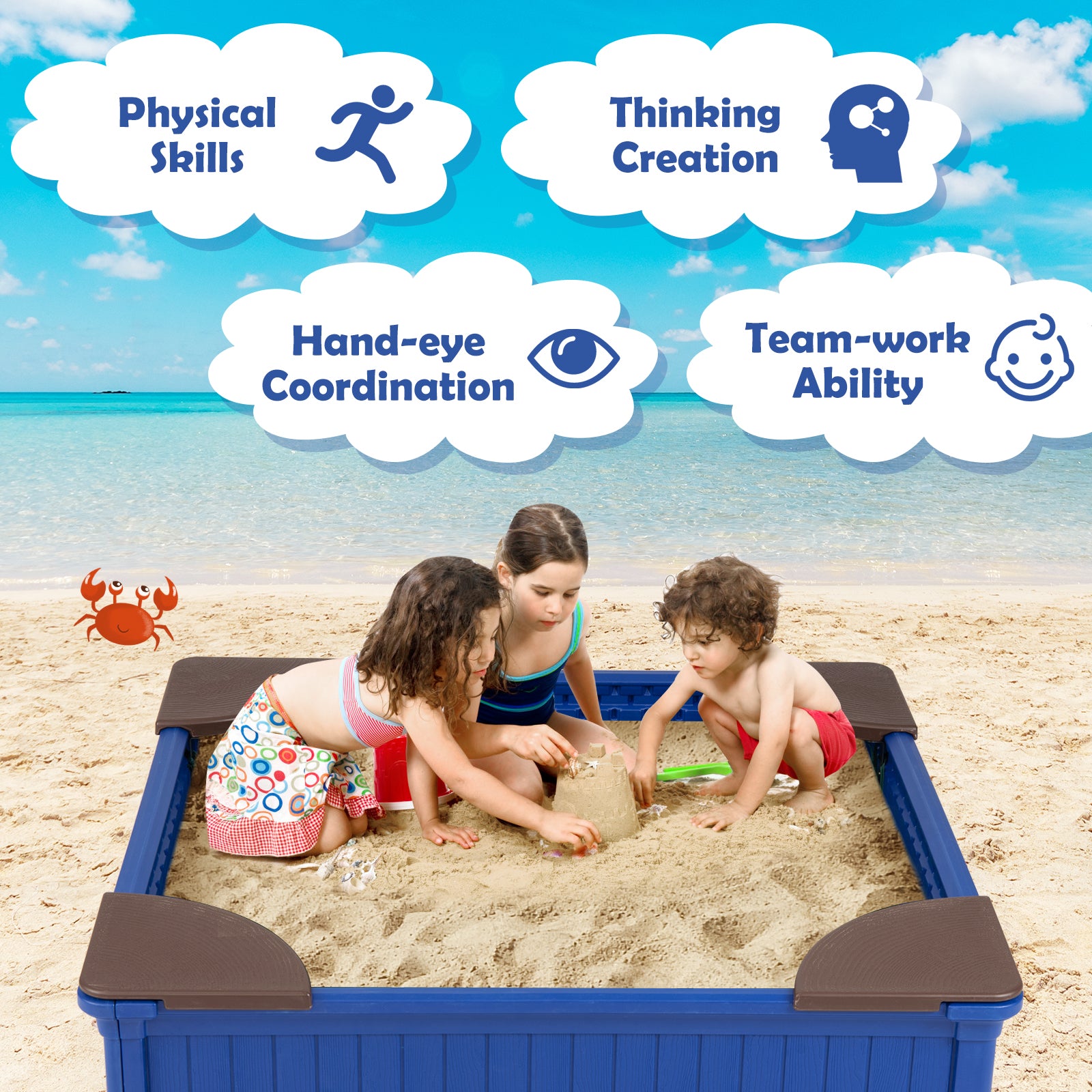 Kids Outdoor Sandbox with Oxford Cover and 4 Corner Seats, Navy Sandboxes at Gallery Canada