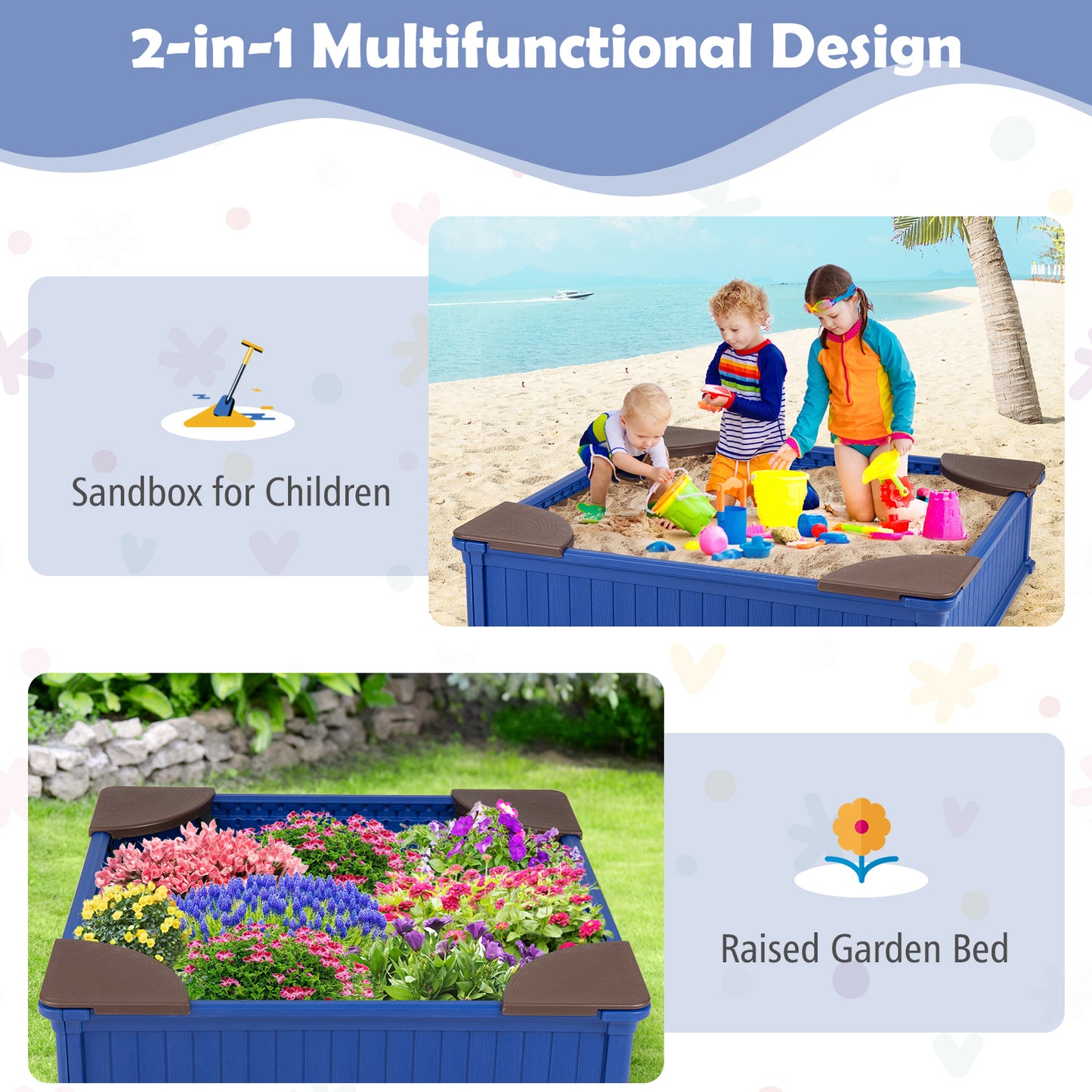 Kids Outdoor Sandbox with Oxford Cover and 4 Corner Seats, Navy Sandboxes at Gallery Canada