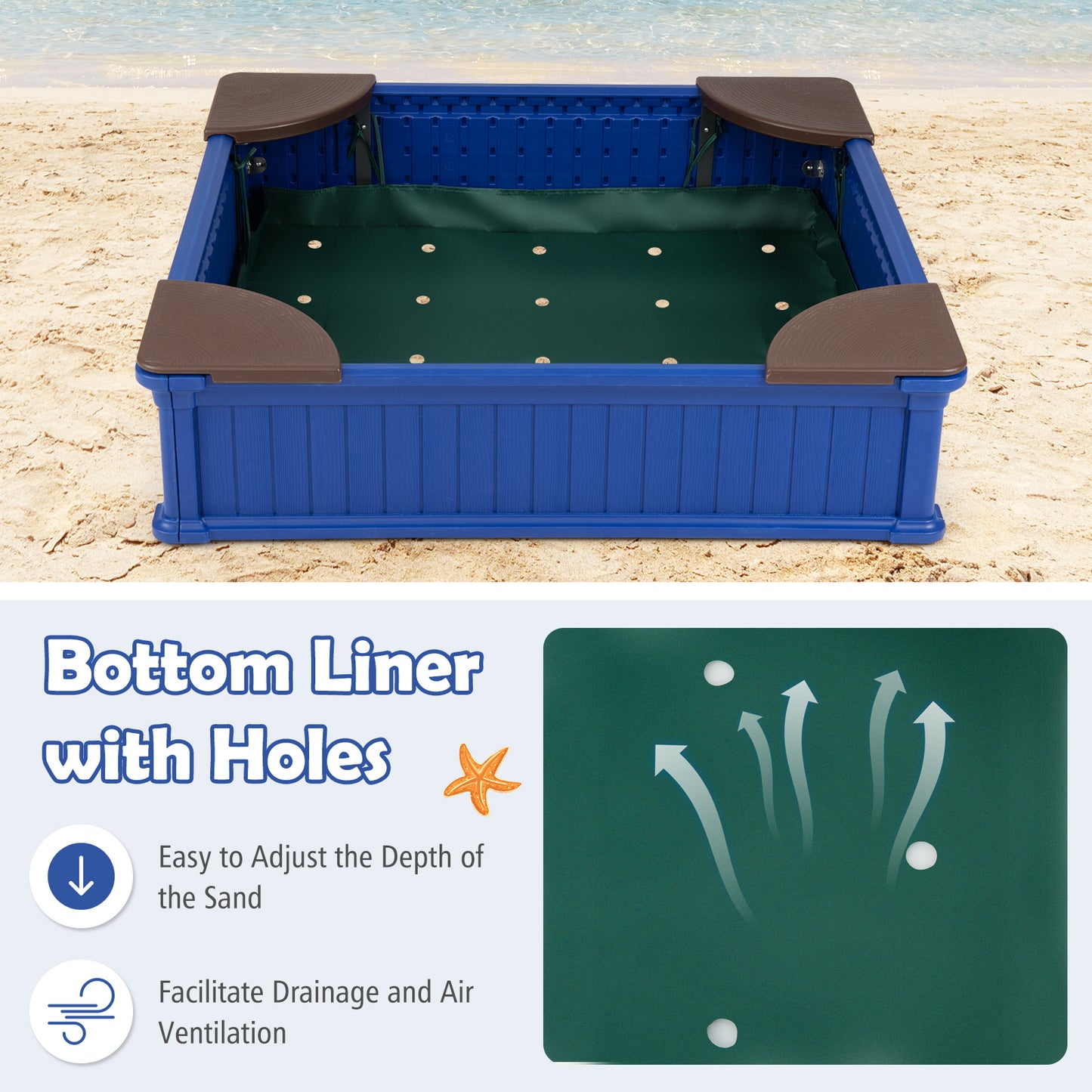 Kids Outdoor Sandbox with Oxford Cover and 4 Corner Seats, Navy Sandboxes at Gallery Canada