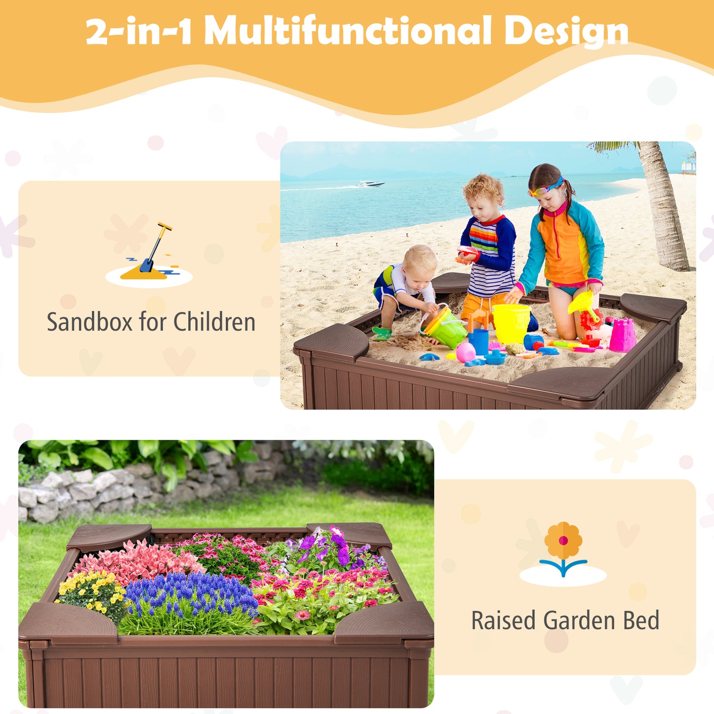 Kids Outdoor Sandbox, with Oxford Cover, 4 Corner Seats, Brown Sandboxes at Gallery Canada