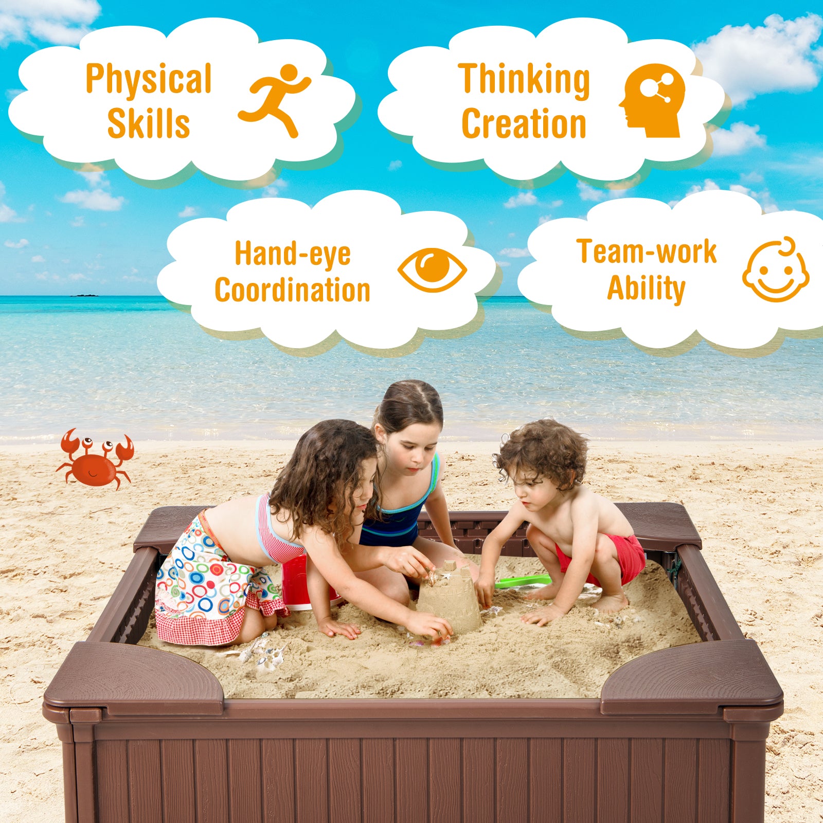Kids Outdoor Sandbox, with Oxford Cover, 4 Corner Seats, Brown Sandboxes at Gallery Canada