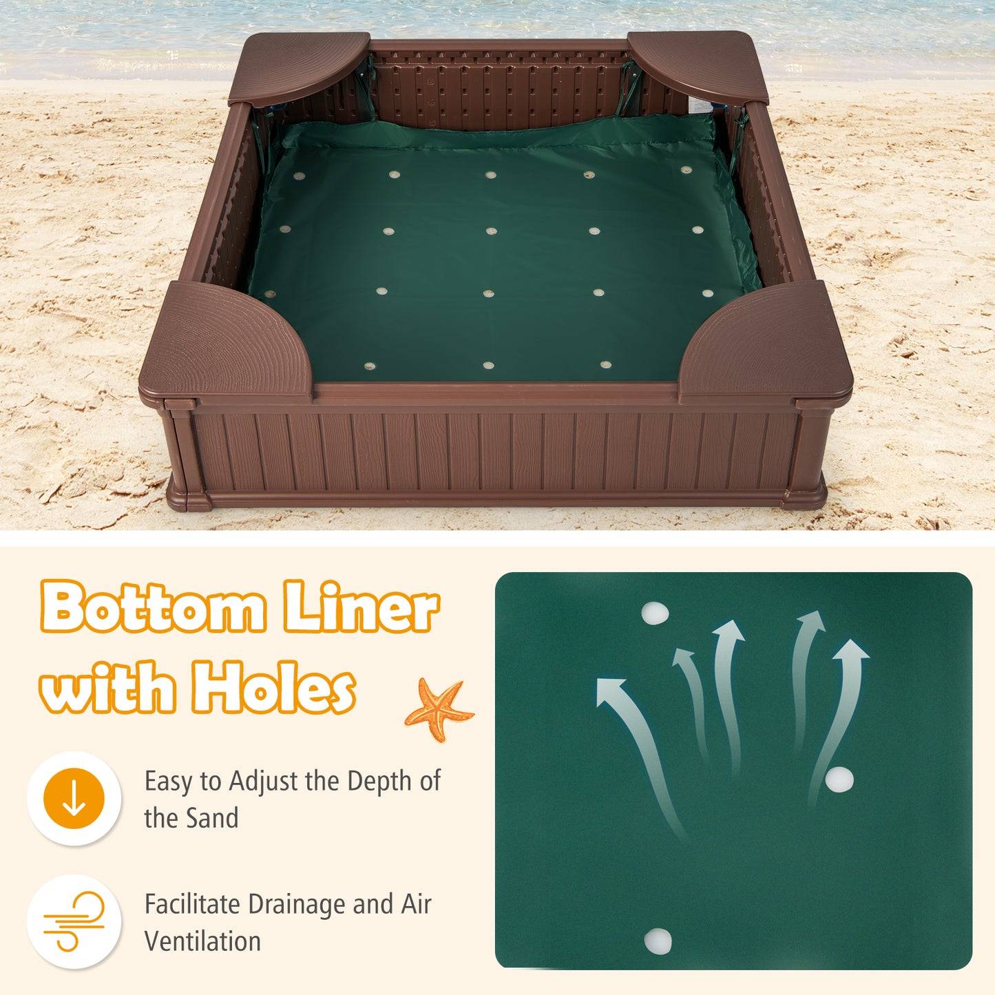Kids Outdoor Sandbox, with Oxford Cover, 4 Corner Seats, Brown Sandboxes at Gallery Canada