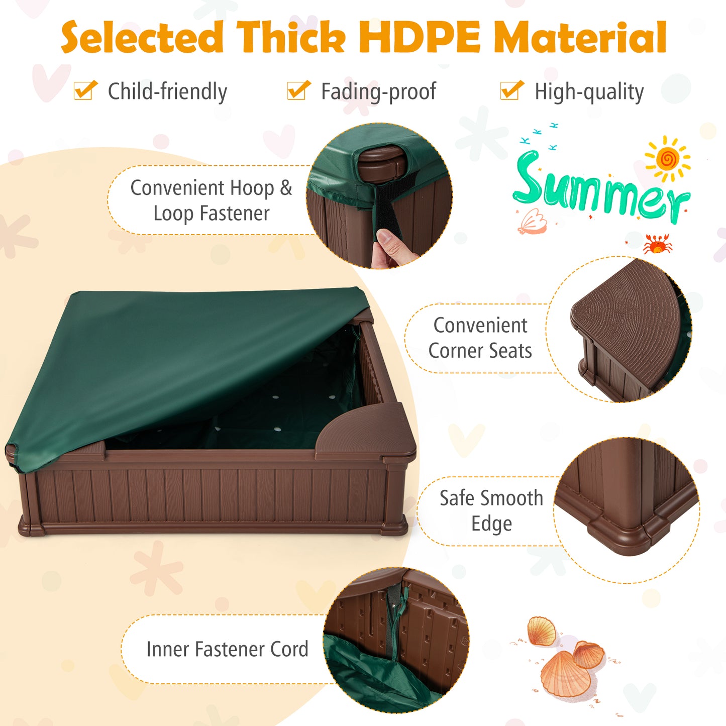 Kids Outdoor Sandbox, with Oxford Cover, 4 Corner Seats, Brown Sandboxes at Gallery Canada