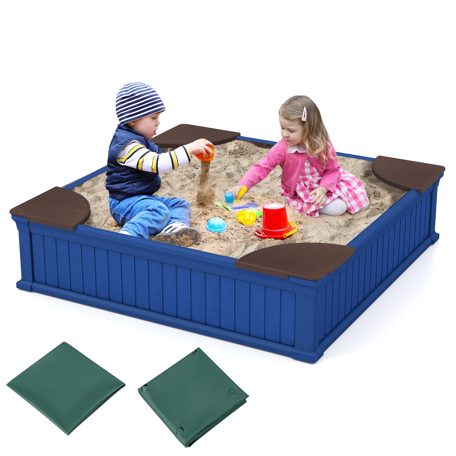 Kids Outdoor Sandbox with Oxford Cover and 4 Corner Seats, Navy Sandboxes at Gallery Canada