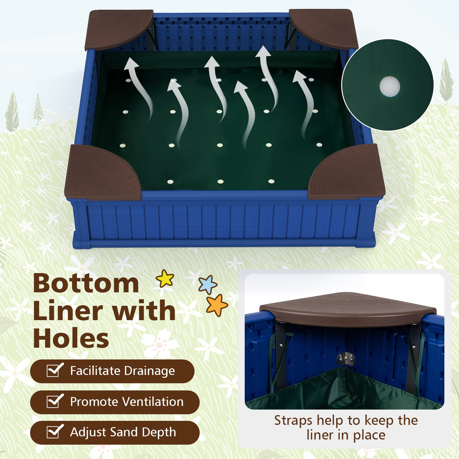 Kids Outdoor Sandbox with Oxford Cover and 4 Corner Seats, Navy Sandboxes at Gallery Canada