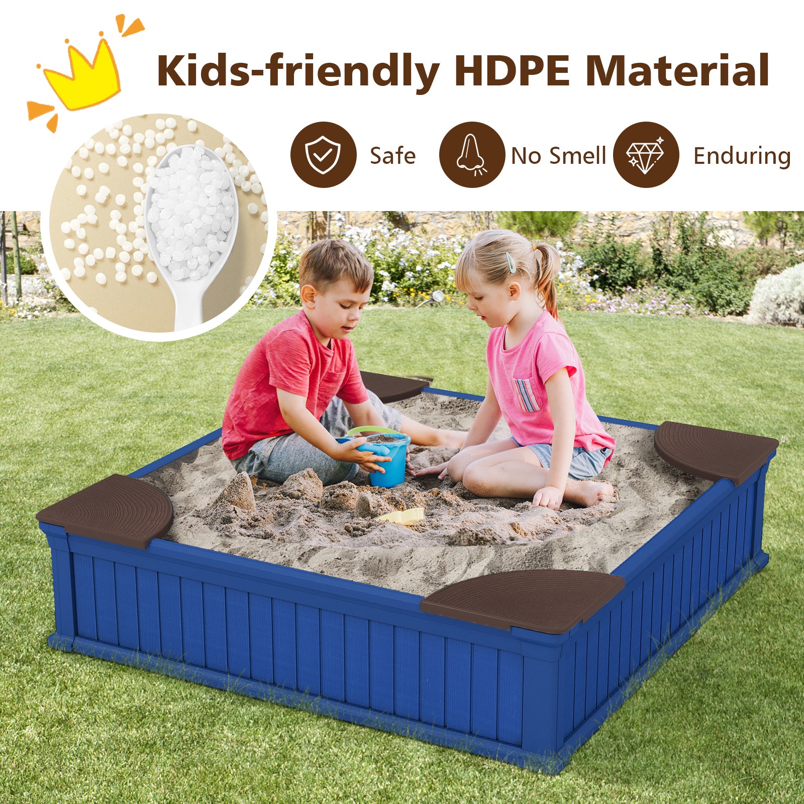 Kids Outdoor Sandbox with Oxford Cover and 4 Corner Seats, Navy Sandboxes at Gallery Canada
