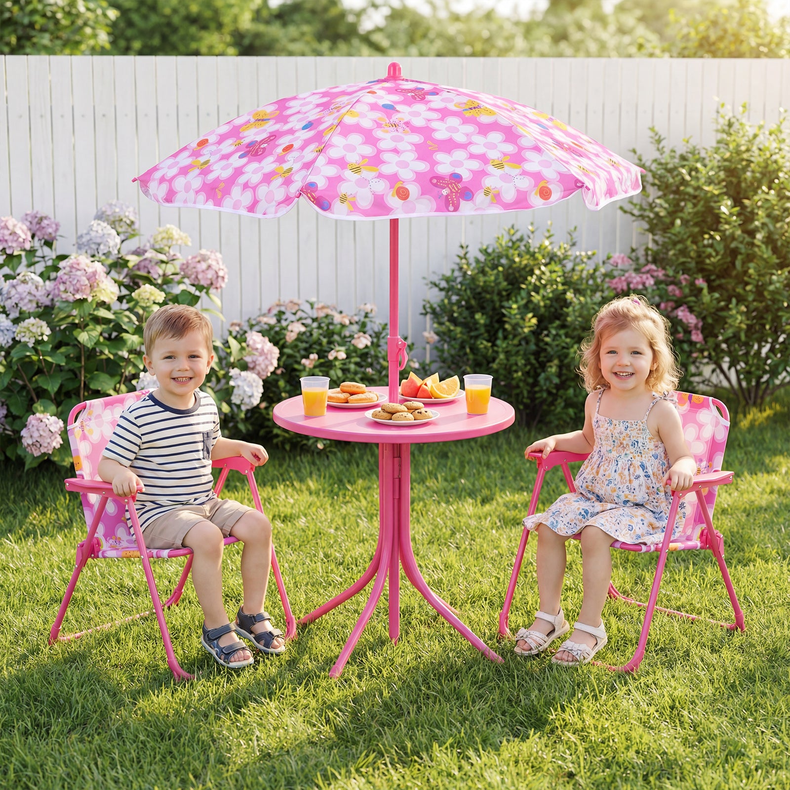 Kids Outdoor Table And Chair Set, 2 Folding Chairs, Height Adjustable Umbrella, Pink Kids Table & Chair Sets at Gallery Canada