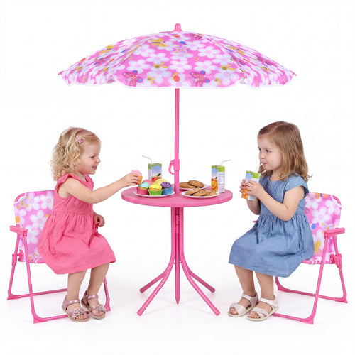 Kids Outdoor Table And Chair Set, 2 Folding Chairs, Height Adjustable Umbrella, Pink