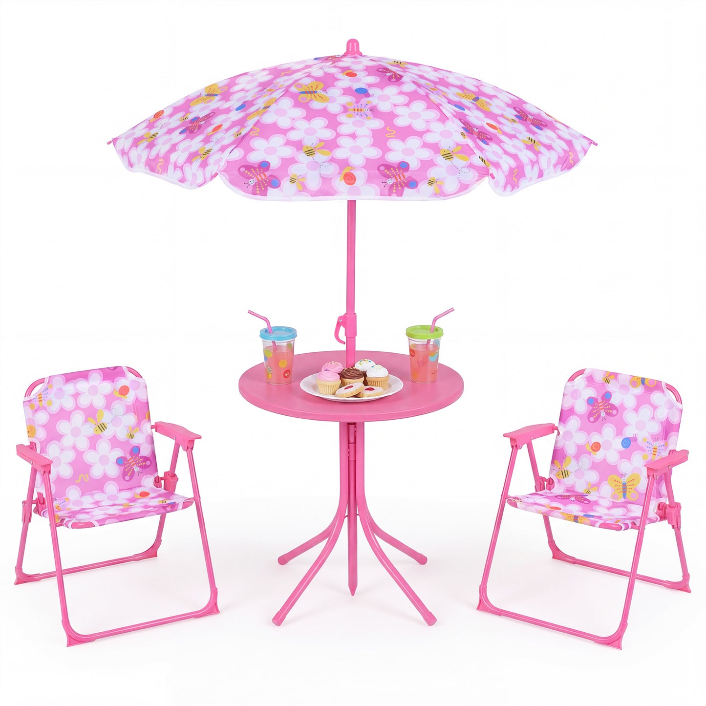 Kids Outdoor Table And Chair Set, 2 Folding Chairs, Height Adjustable Umbrella, Pink Kids Table & Chair Sets at Gallery Canada