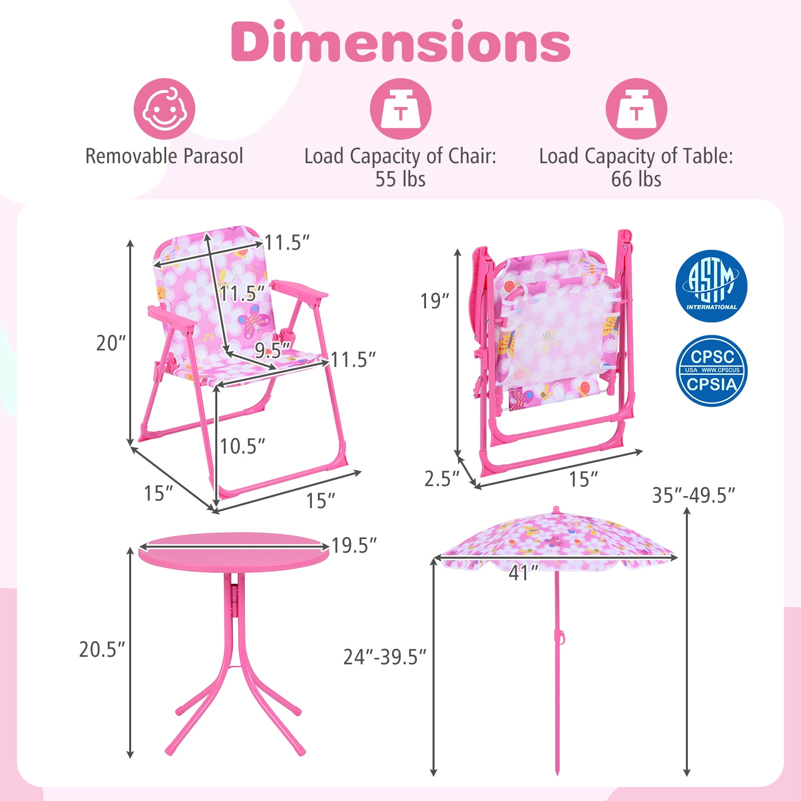 Kids Outdoor Table And Chair Set, 2 Folding Chairs, Height Adjustable Umbrella, Pink Kids Table & Chair Sets at Gallery Canada