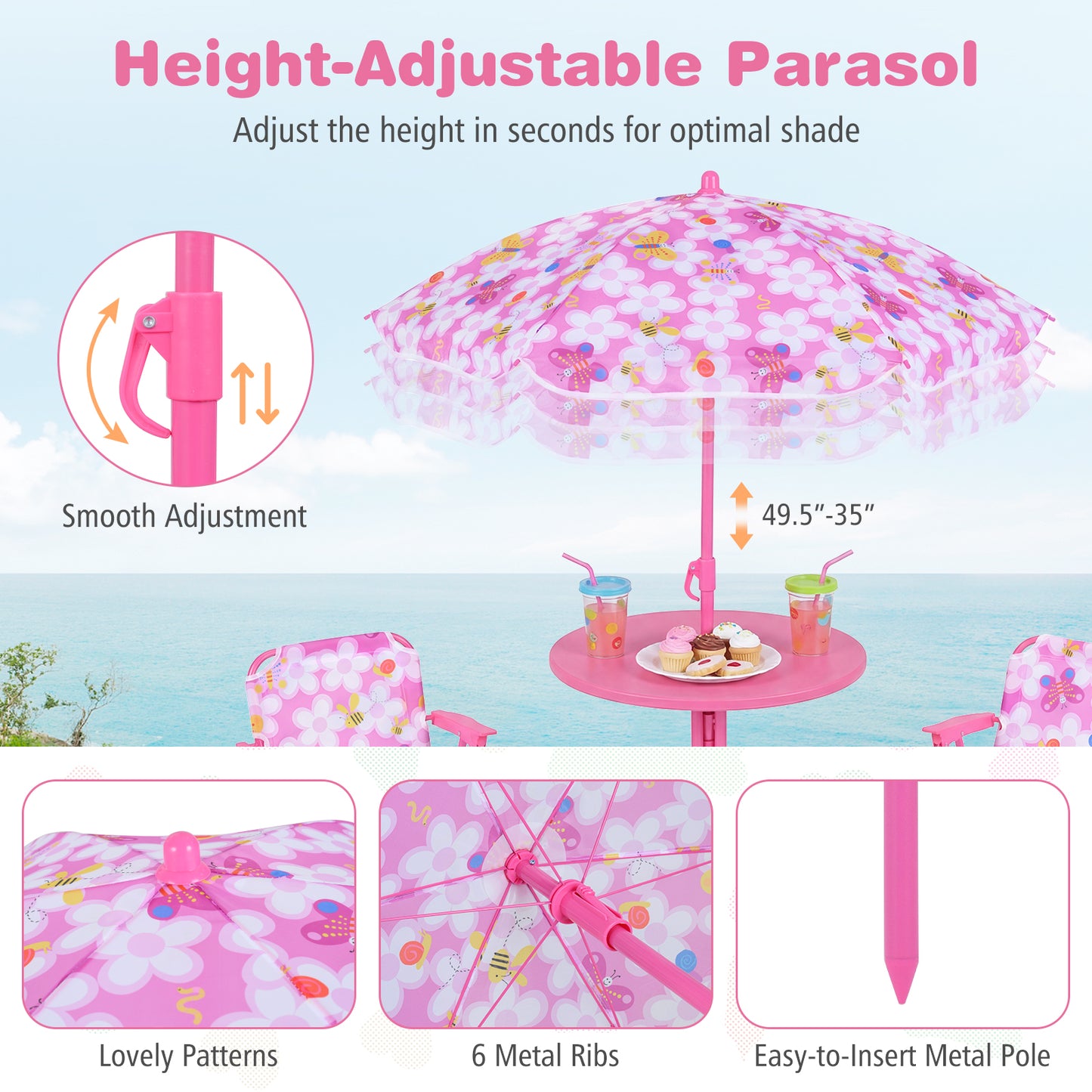 Kids Outdoor Table And Chair Set, 2 Folding Chairs, Height Adjustable Umbrella, Pink Kids Table & Chair Sets at Gallery Canada