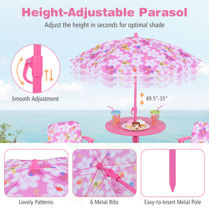Kids Outdoor Table And Chair Set, 2 Folding Chairs, Height Adjustable Umbrella, Pink Kids Table & Chair Sets at Gallery Canada