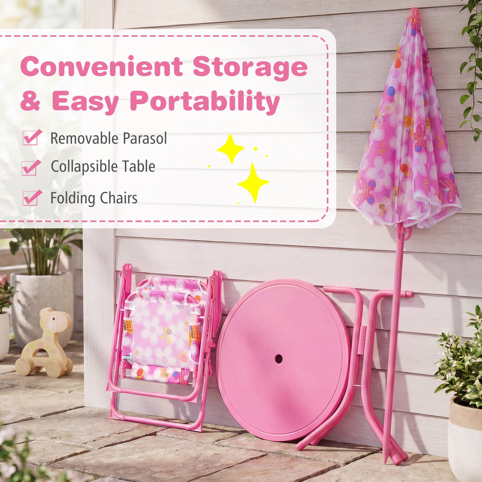 Kids Outdoor Table And Chair Set, 2 Folding Chairs, Height Adjustable Umbrella, Pink Kids Table & Chair Sets at Gallery Canada