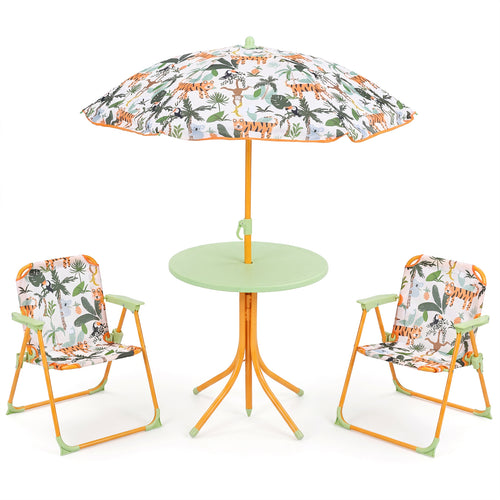 Kids Outdoor Table And Chair Set, 2 Folding Chairs, Height Adjustable Umbrella, Yellow