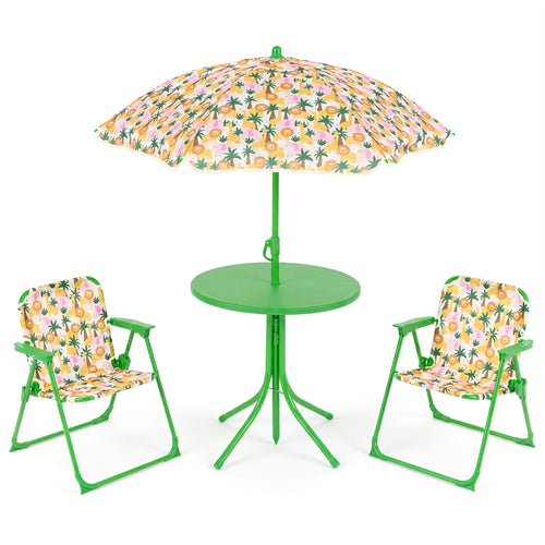 Kids Outdoor Table And Chair Set, 2 Folding Chairs, Height Adjustable Umbrella, Beige