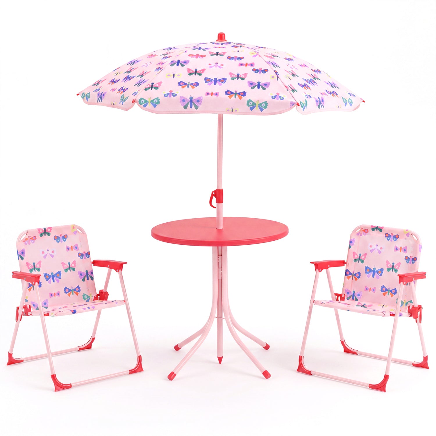 Kids Outdoor Table And Chair Set, 2 Folding Chairs, Height Adjustable Umbrella, White And Pink Kids Table & Chair Sets White & Pink at Gallery Canada