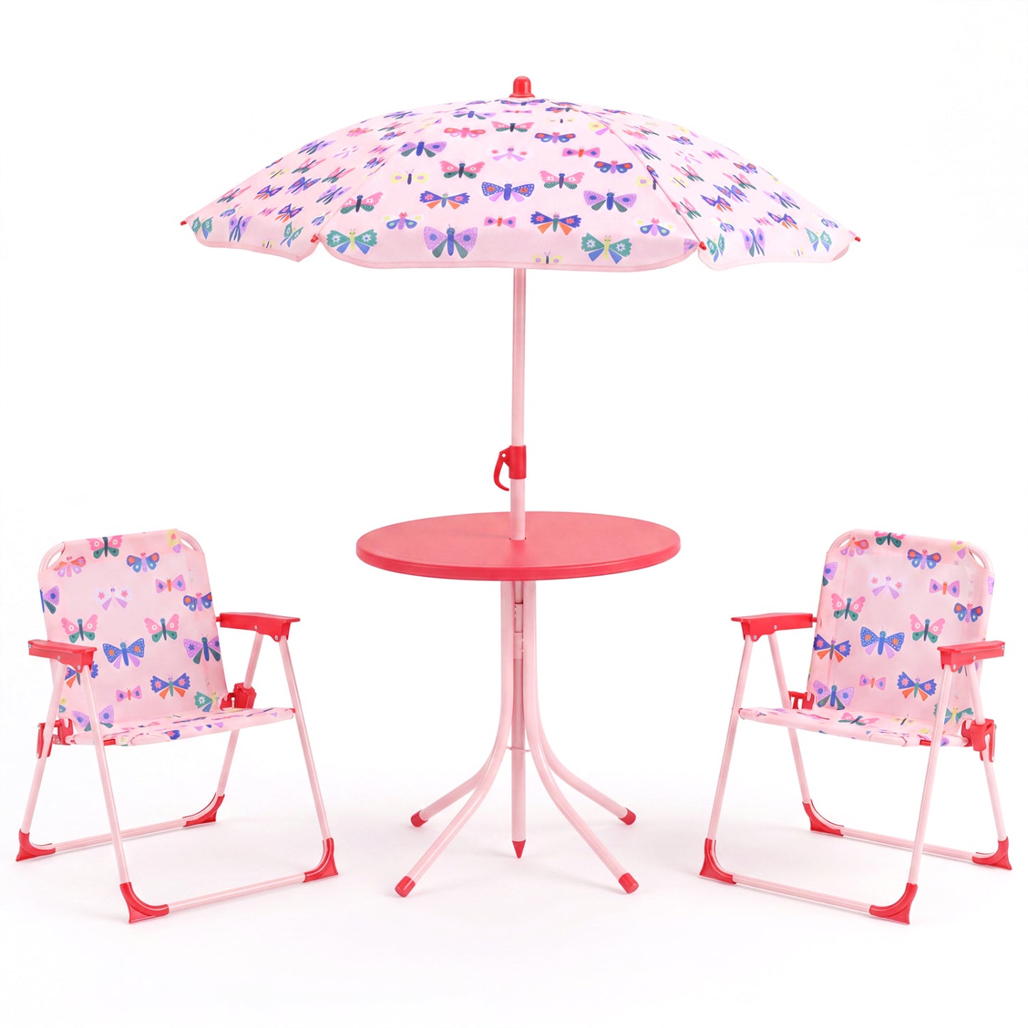 Kids Outdoor Table And Chair Set, 2 Folding Chairs, Height Adjustable Umbrella, White And Pink Kids Table & Chair Sets White & Pink at Gallery Canada