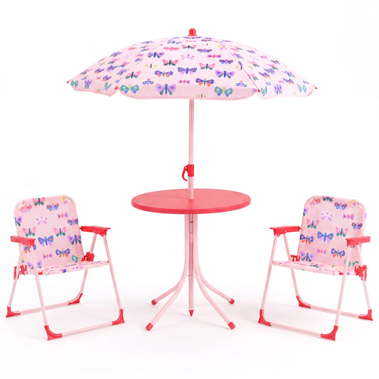 Kids Outdoor Table And Chair Set, 2 Folding Chairs, Height Adjustable Umbrella, White And Pink Kids Table & Chair Sets White & Pink at Gallery Canada