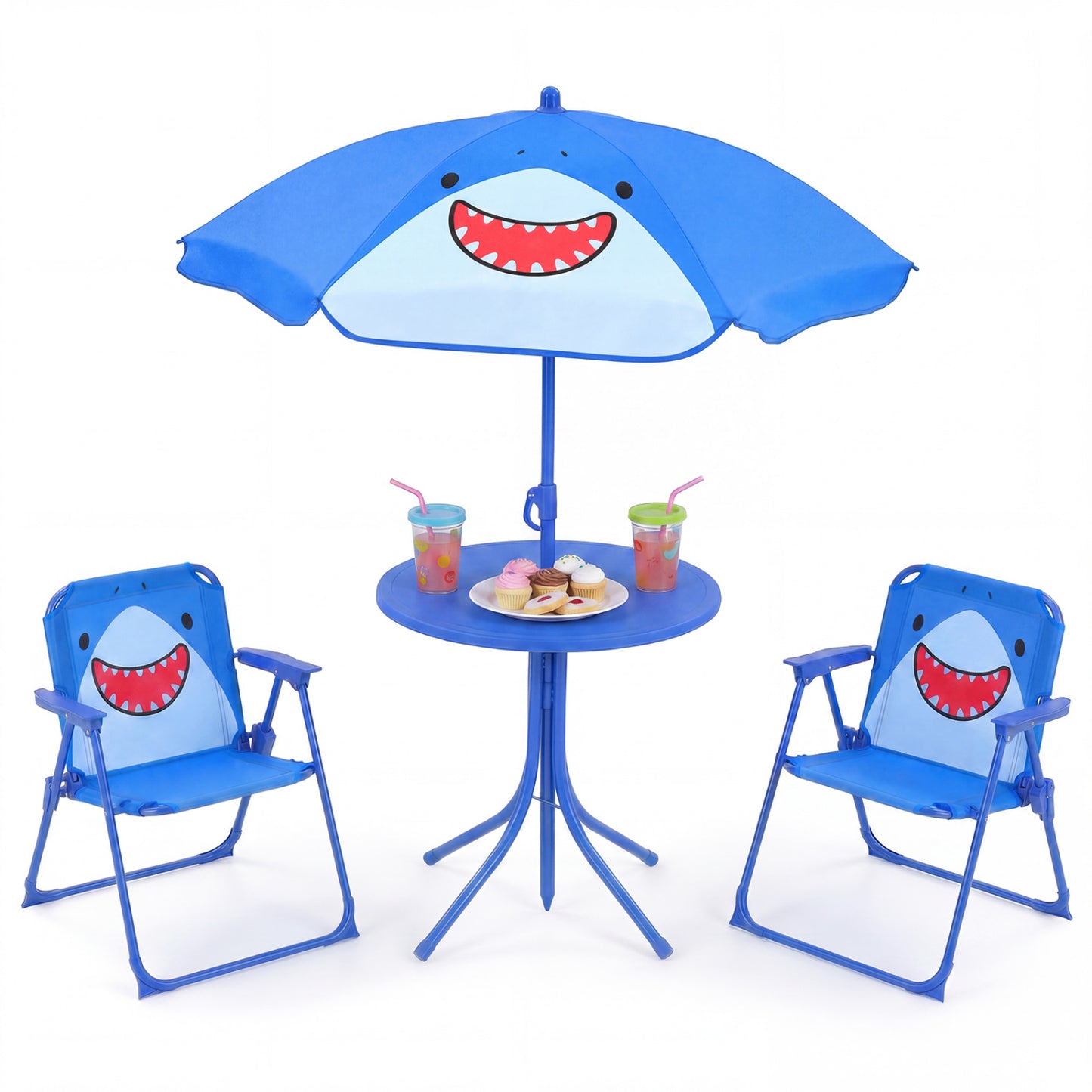 Kids Outdoor Table And Chair Set, 2 Folding Chairs, Height Adjustable Umbrella, Blue Kids Table & Chair Sets at Gallery Canada
