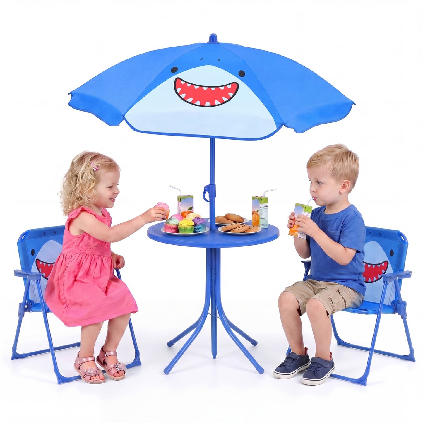 Kids Outdoor Table And Chair Set, 2 Folding Chairs, Height Adjustable Umbrella, Blue Kids Table & Chair Sets at Gallery Canada