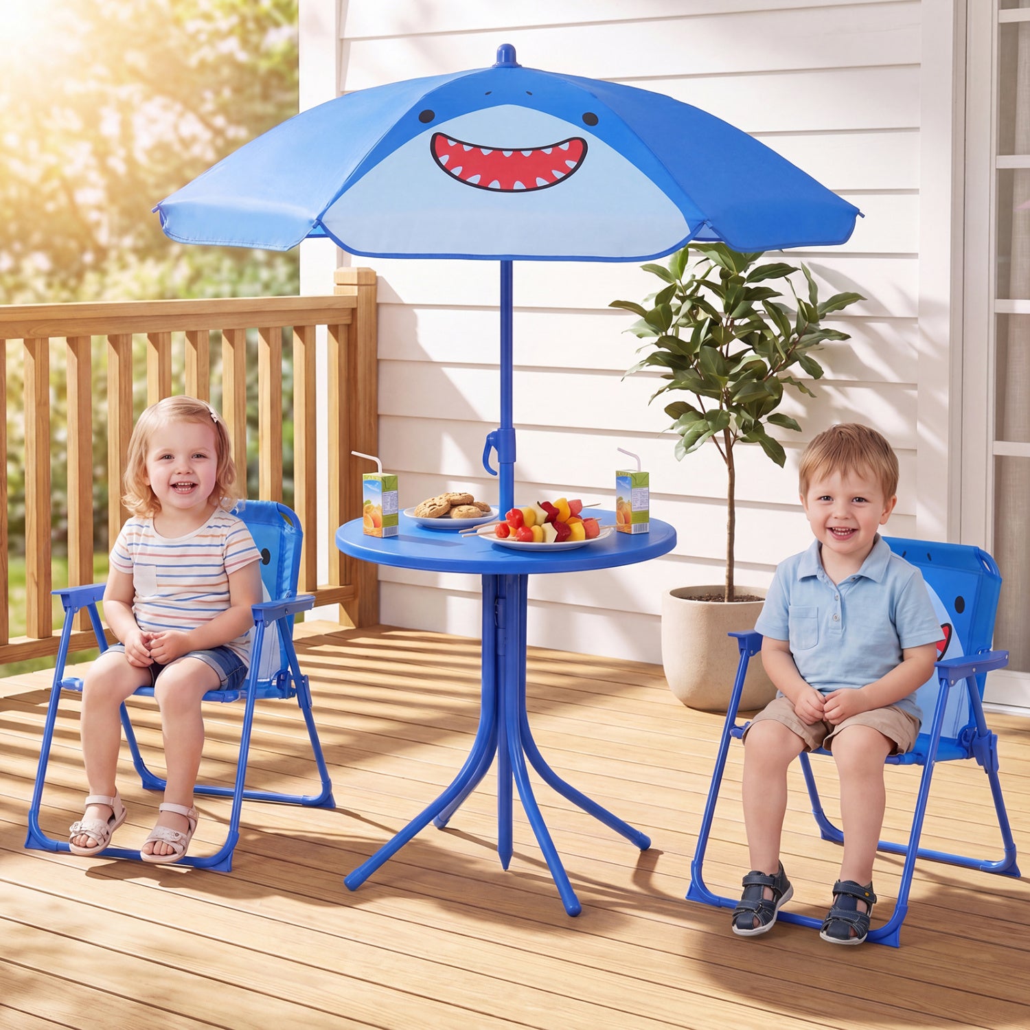 Kids Outdoor Table And Chair Set, 2 Folding Chairs, Height Adjustable Umbrella, Blue Kids Table & Chair Sets at Gallery Canada