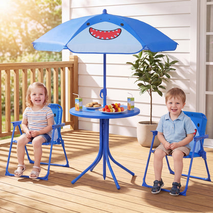 Kids Outdoor Table And Chair Set, 2 Folding Chairs, Height Adjustable Umbrella, Blue Kids Table & Chair Sets at Gallery Canada