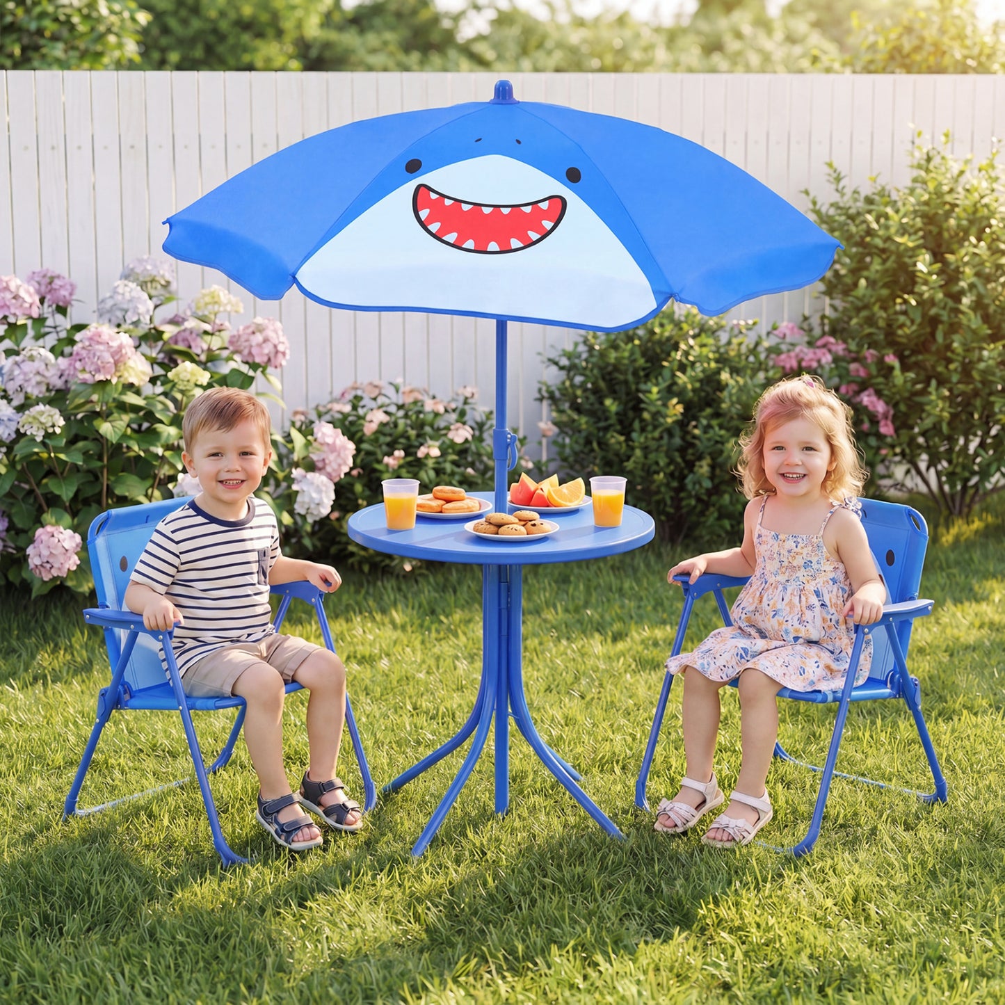 Kids Outdoor Table And Chair Set, 2 Folding Chairs, Height Adjustable Umbrella, Blue Kids Table & Chair Sets at Gallery Canada