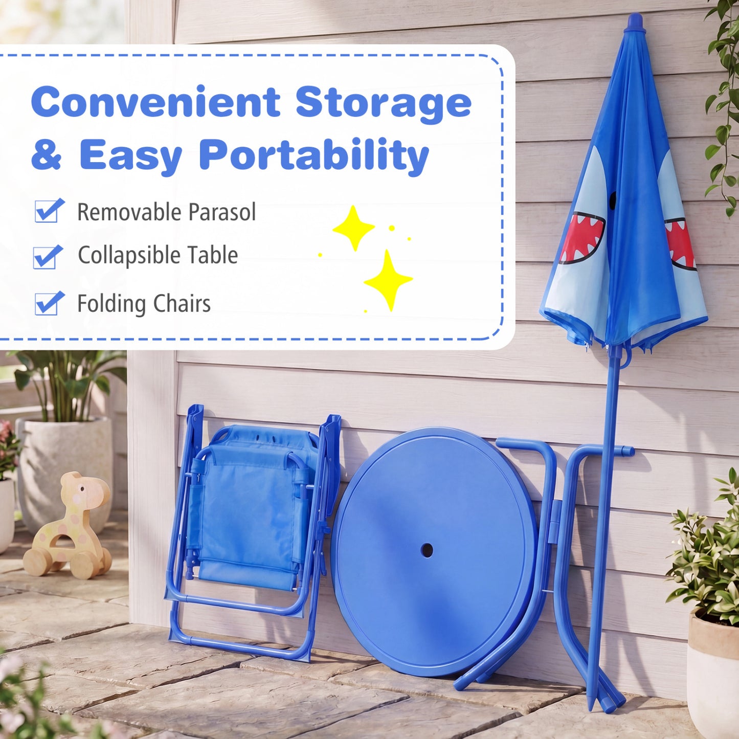 Kids Outdoor Table And Chair Set, 2 Folding Chairs, Height Adjustable Umbrella, Blue Kids Table & Chair Sets at Gallery Canada