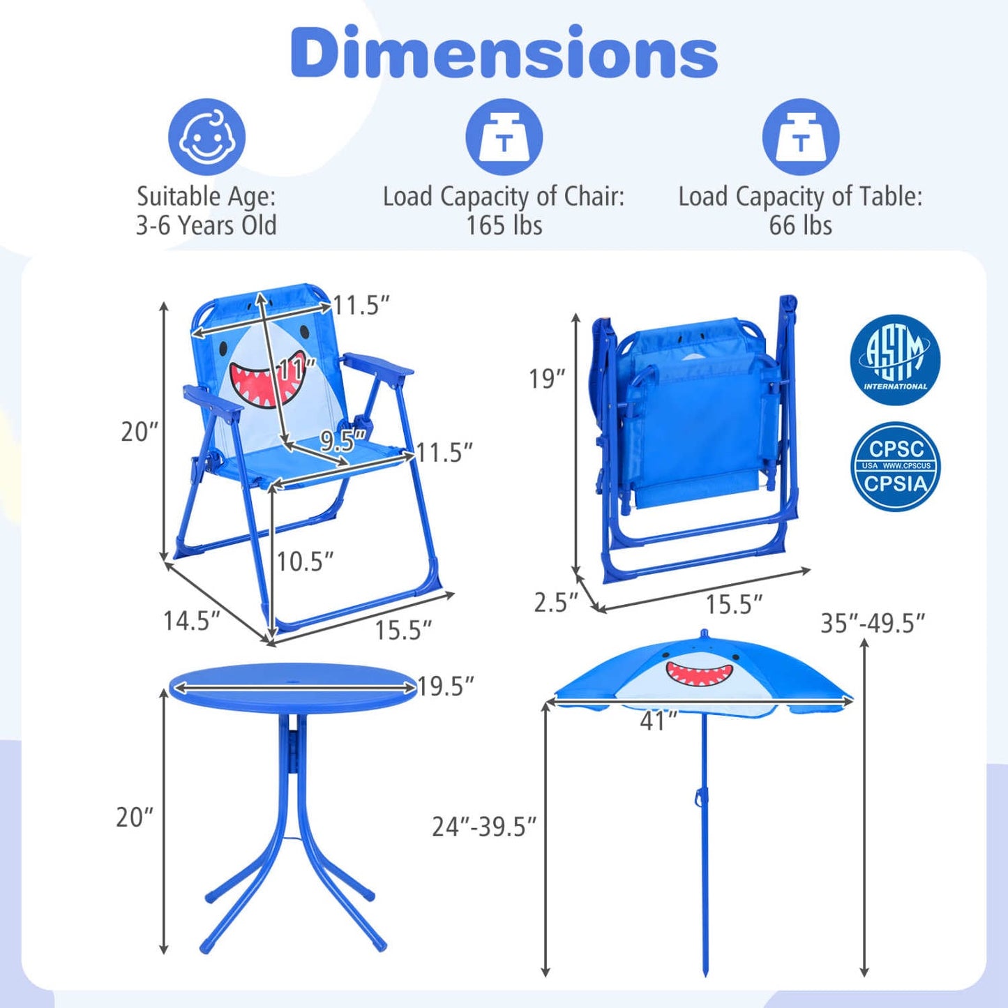 Kids Outdoor Table And Chair Set, 2 Folding Chairs, Height Adjustable Umbrella, Blue Kids Table & Chair Sets at Gallery Canada