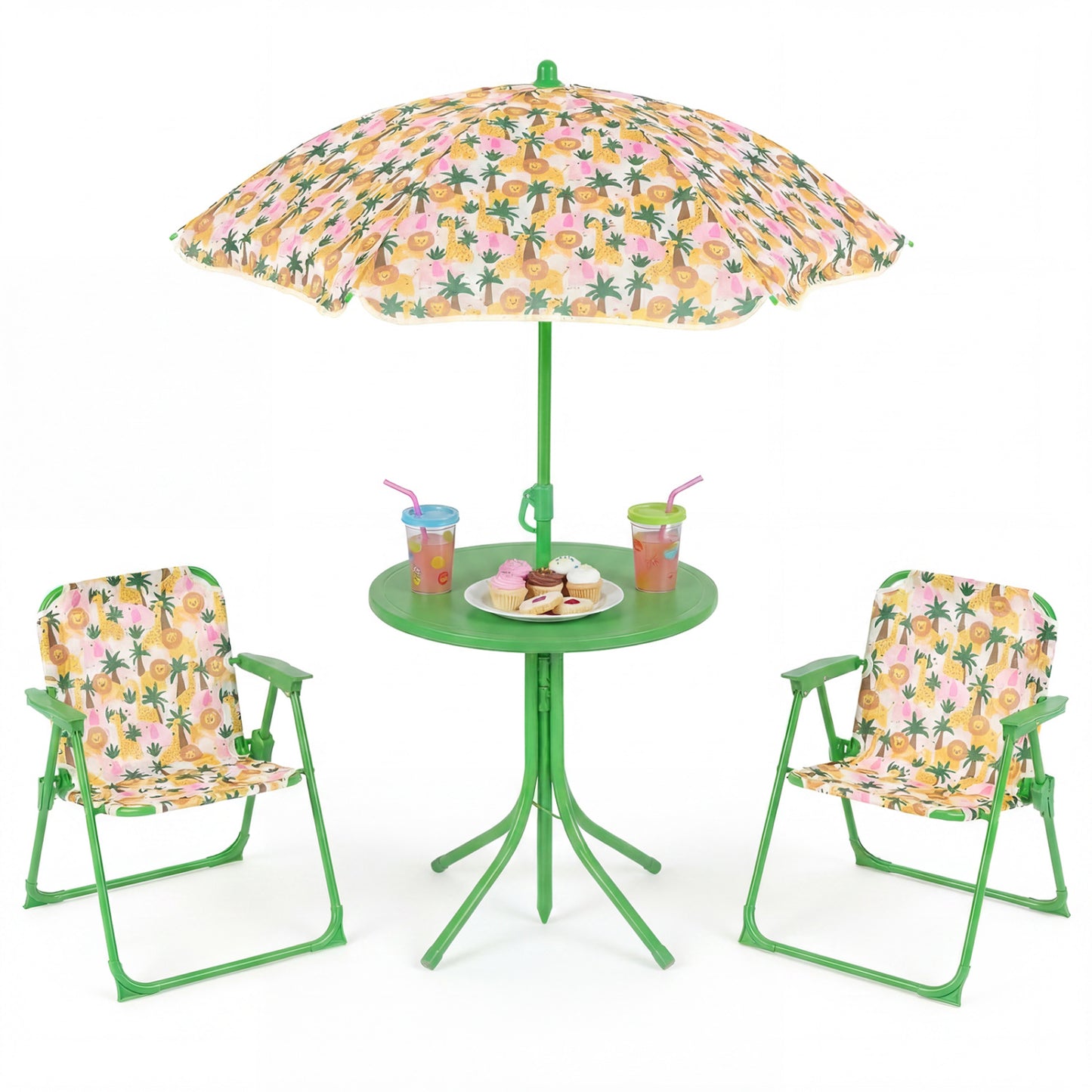 Kids Outdoor Table And Chair Set, 2 Folding Chairs, Height Adjustable Umbrella, Beige Kids Table & Chair Sets Beige at Gallery Canada