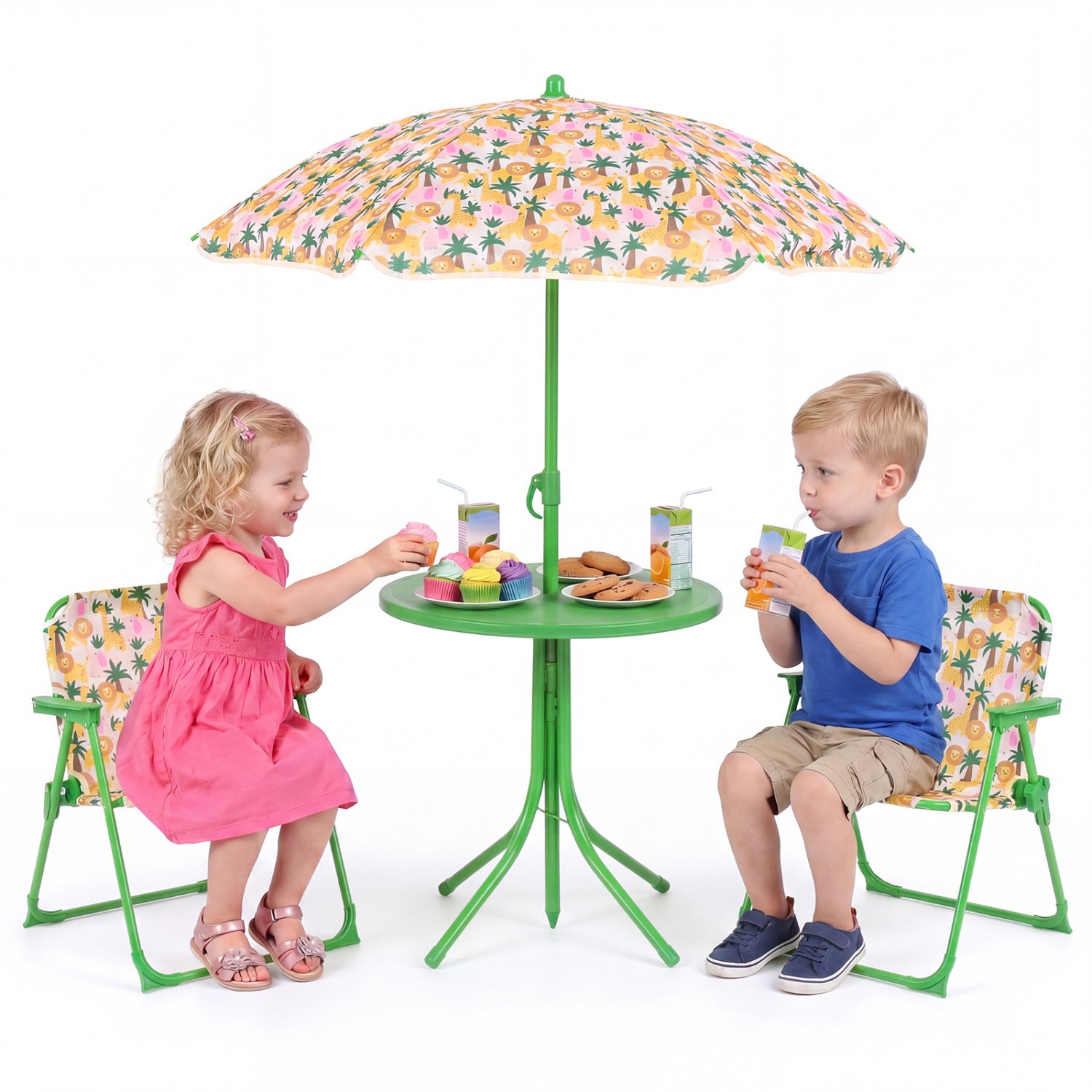 Kids Outdoor Table And Chair Set, 2 Folding Chairs, Height Adjustable Umbrella, Beige Kids Table & Chair Sets at Gallery Canada