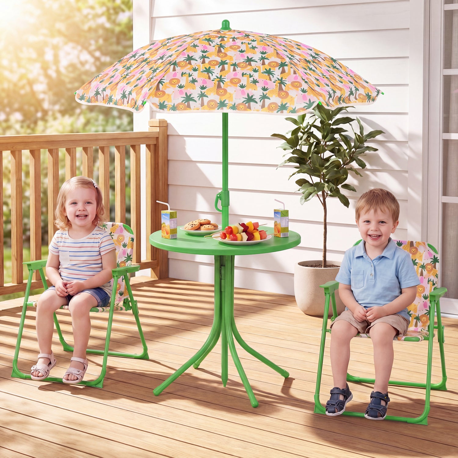 Kids Outdoor Table And Chair Set, 2 Folding Chairs, Height Adjustable Umbrella, Beige Kids Table & Chair Sets at Gallery Canada