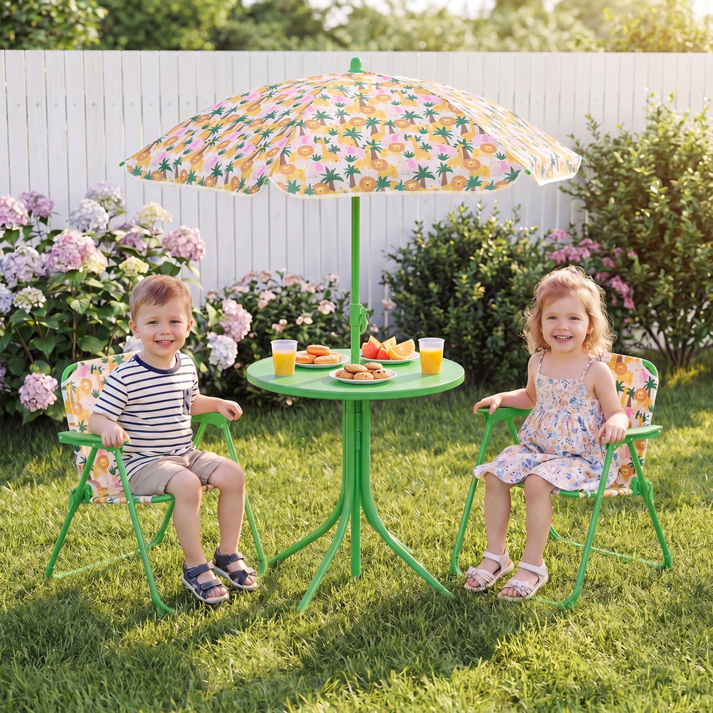Kids Outdoor Table And Chair Set, 2 Folding Chairs, Height Adjustable Umbrella, Beige Kids Table & Chair Sets at Gallery Canada