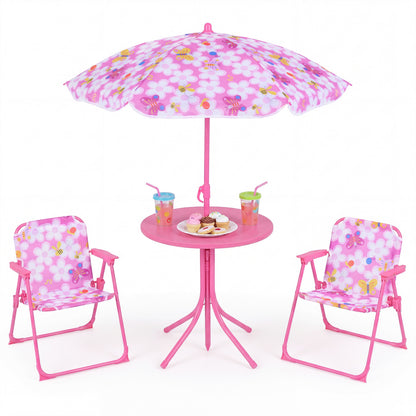 Kids Outdoor Table And Chair Set, 2 Folding Chairs, Height Adjustable Umbrella, Pink Kids Table & Chair Sets Pink at Gallery Canada