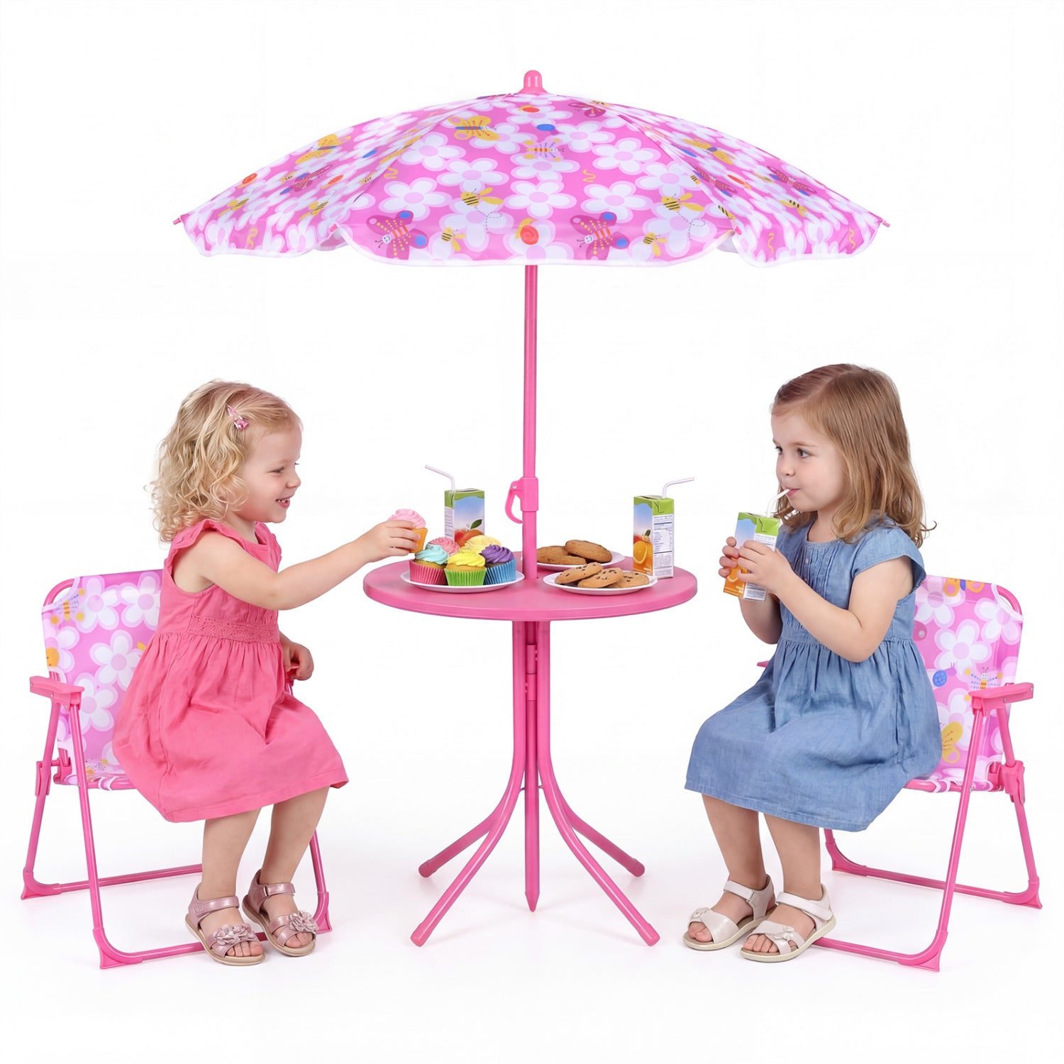 Kids Outdoor Table And Chair Set, 2 Folding Chairs, Height Adjustable Umbrella, Pink Kids Table & Chair Sets at Gallery Canada
