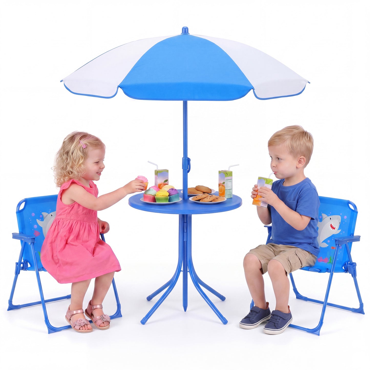 Kids Outdoor Table And Chair Set, 2 Folding Chairs, Adjustable Umbrella, Navy Kids Table & Chair Sets at Gallery Canada