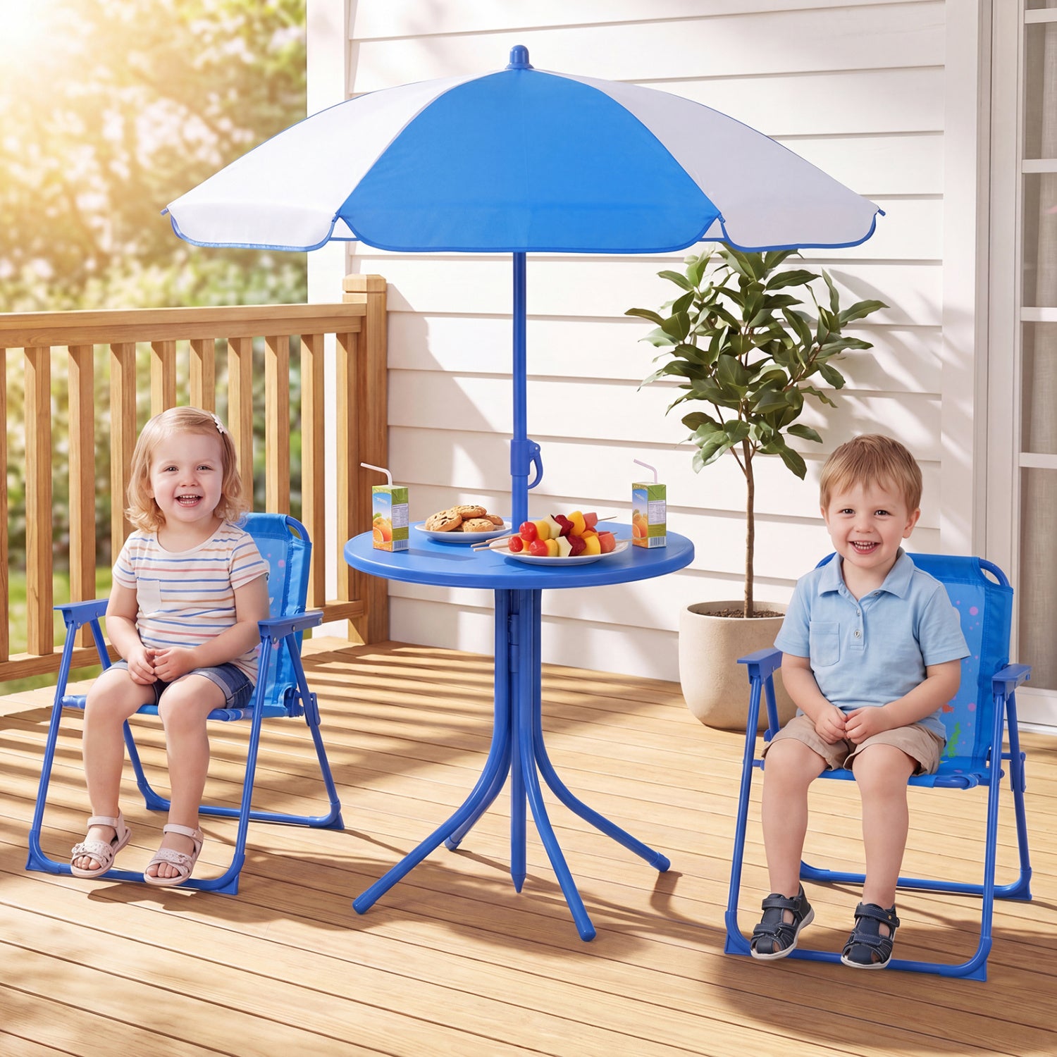 Kids Outdoor Table And Chair Set, 2 Folding Chairs, Adjustable Umbrella, Navy Kids Table & Chair Sets at Gallery Canada