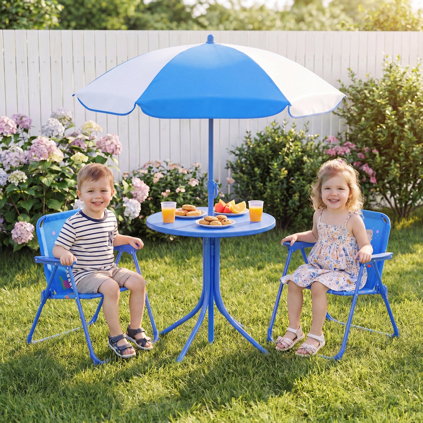 Kids Outdoor Table And Chair Set, 2 Folding Chairs, Adjustable Umbrella, Navy Kids Table & Chair Sets at Gallery Canada