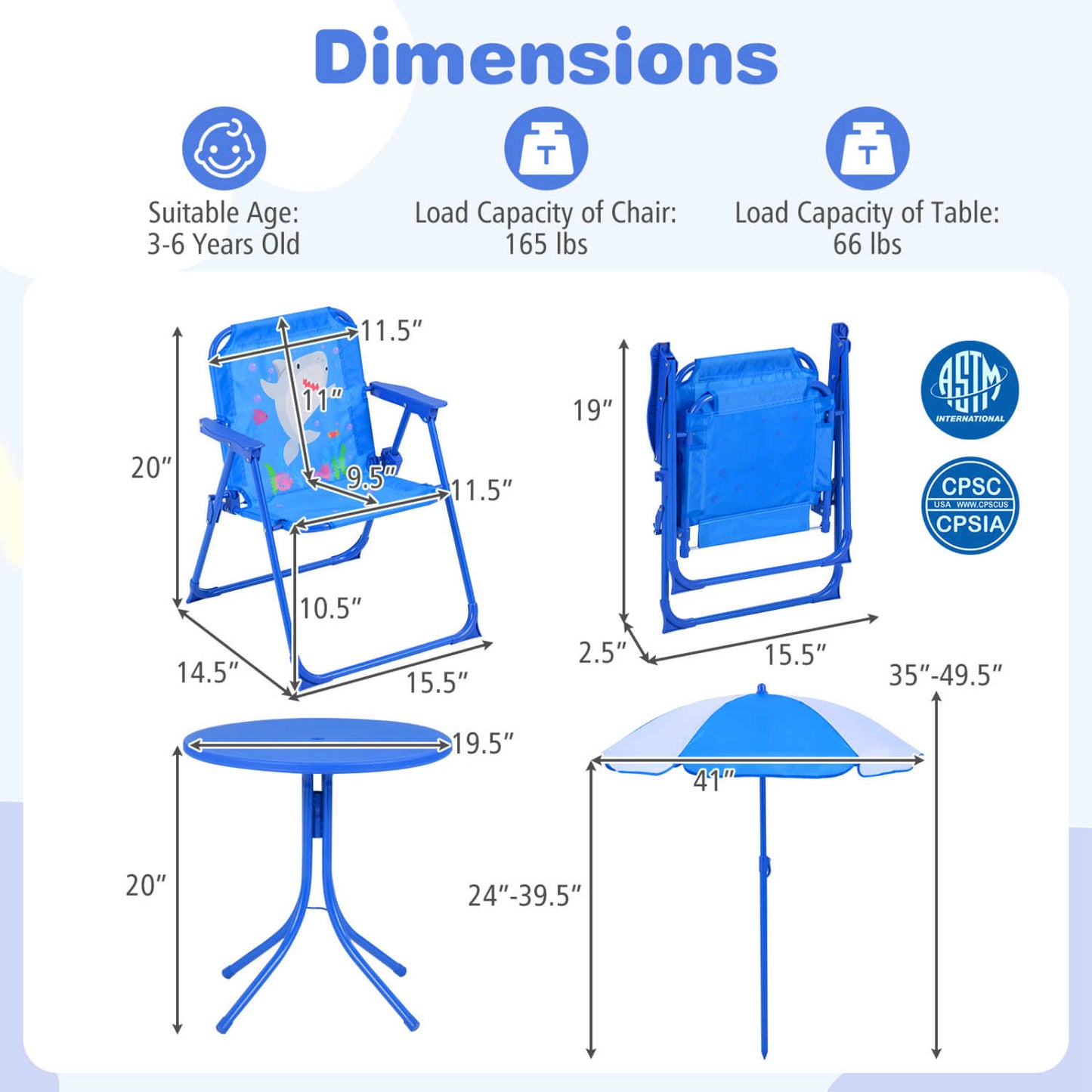 Kids Outdoor Table And Chair Set, 2 Folding Chairs, Adjustable Umbrella, Navy Kids Table & Chair Sets at Gallery Canada