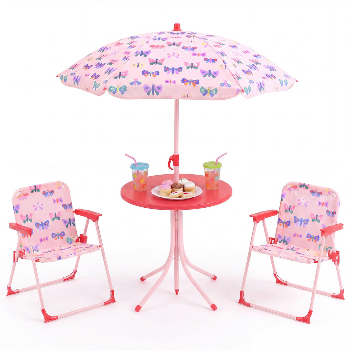 Kids Outdoor Table And Chair Set, 2 Folding Chairs, Height Adjustable Umbrella, White And Pink Kids Table & Chair Sets White & Pink at Gallery Canada