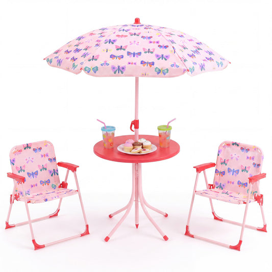 Kids Outdoor Table And Chair Set, 2 Folding Chairs, Height Adjustable Umbrella, White And Pink Kids Table & Chair Sets White & Pink at Gallery Canada