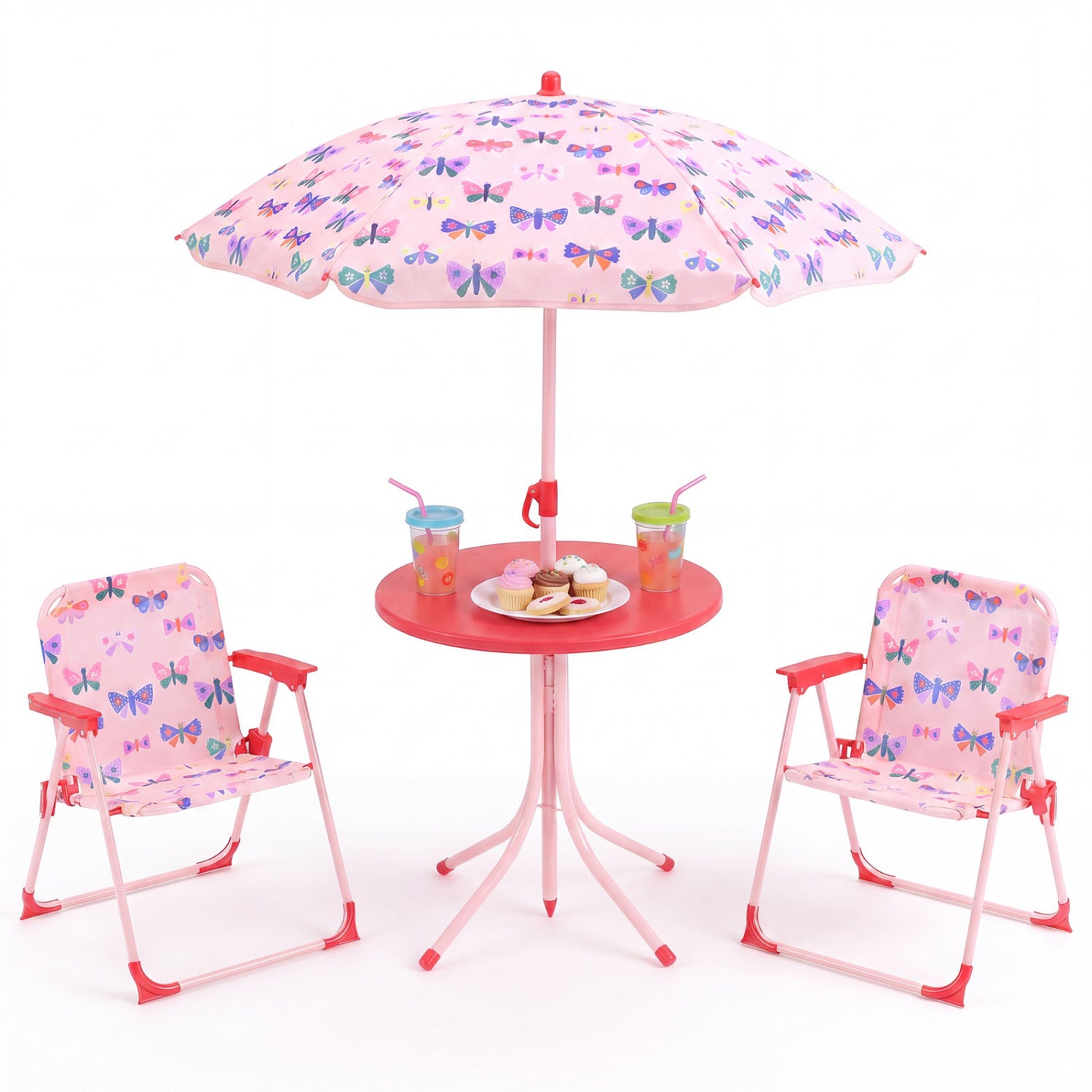 Kids Outdoor Table And Chair Set, 2 Folding Chairs, Height Adjustable Umbrella, White And Pink Kids Table & Chair Sets at Gallery Canada
