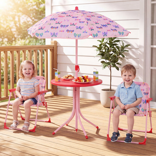Kids Outdoor Table And Chair Set, 2 Folding Chairs, Height Adjustable Umbrella, White And Pink Kids Table & Chair Sets White & Pink at Gallery Canada