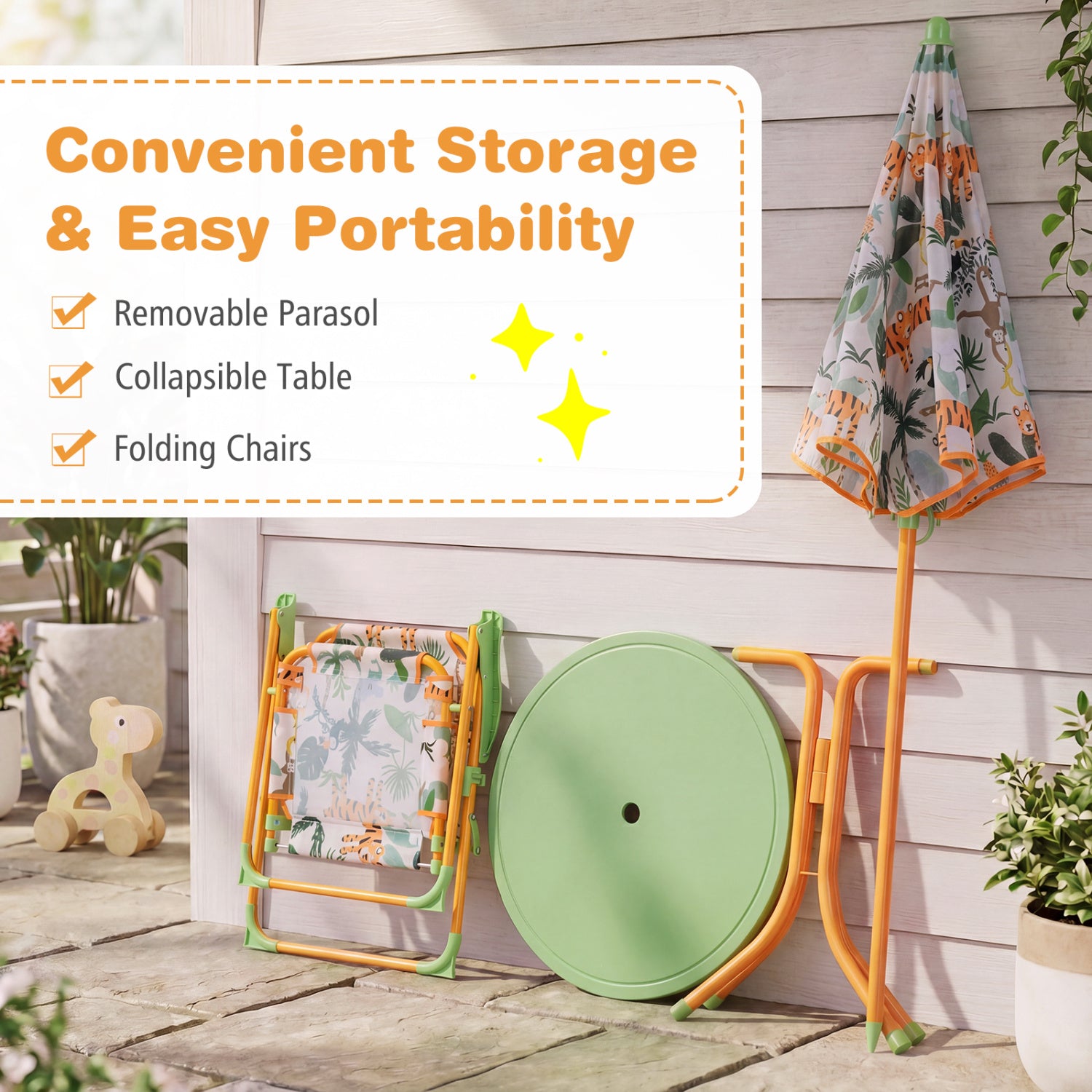Kids Outdoor Table And Chair Set, 2 Folding Chairs, Height Adjustable Umbrella, Yellow Kids Table & Chair Sets at Gallery Canada